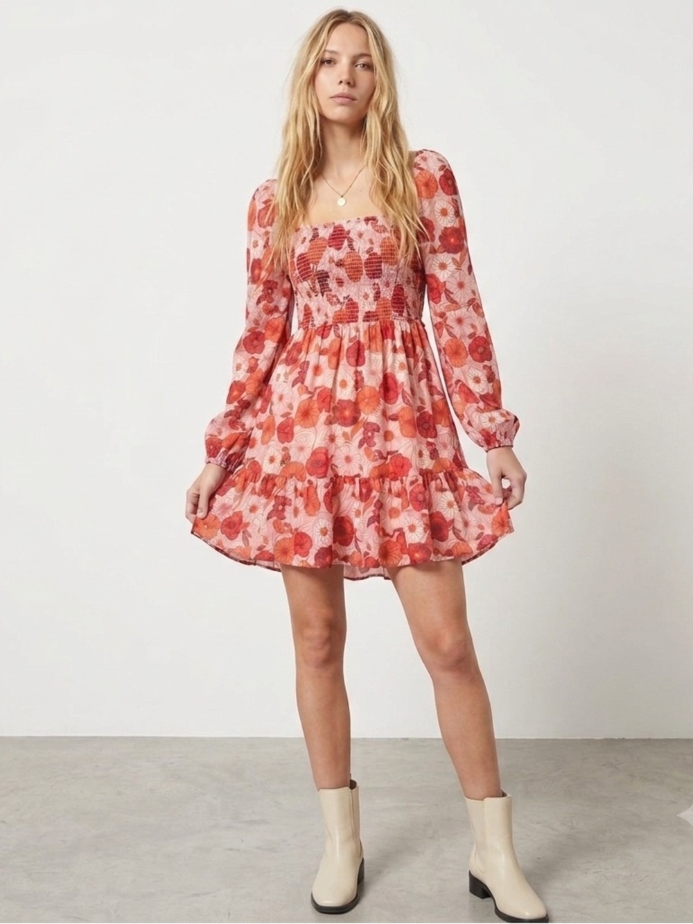 Aritzia Wilfred Tempest Floral Smocked Tiered Dress Sz- Small Fairy Milkmaid